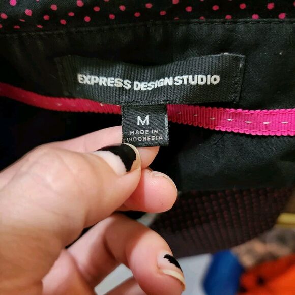 Express Design Studio Womens Top Size M Black Purple Polka Dot Button Up Stretch - Picture 6 of 10